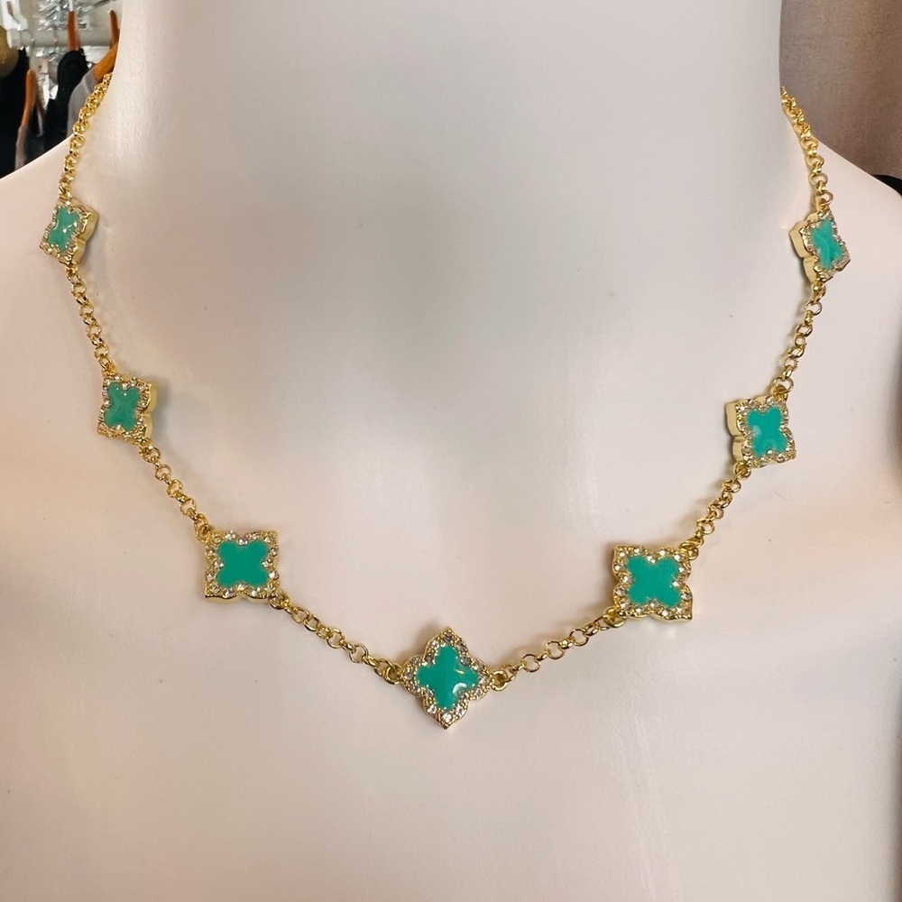 Clover CZ Necklace - Gold & Green NWOT